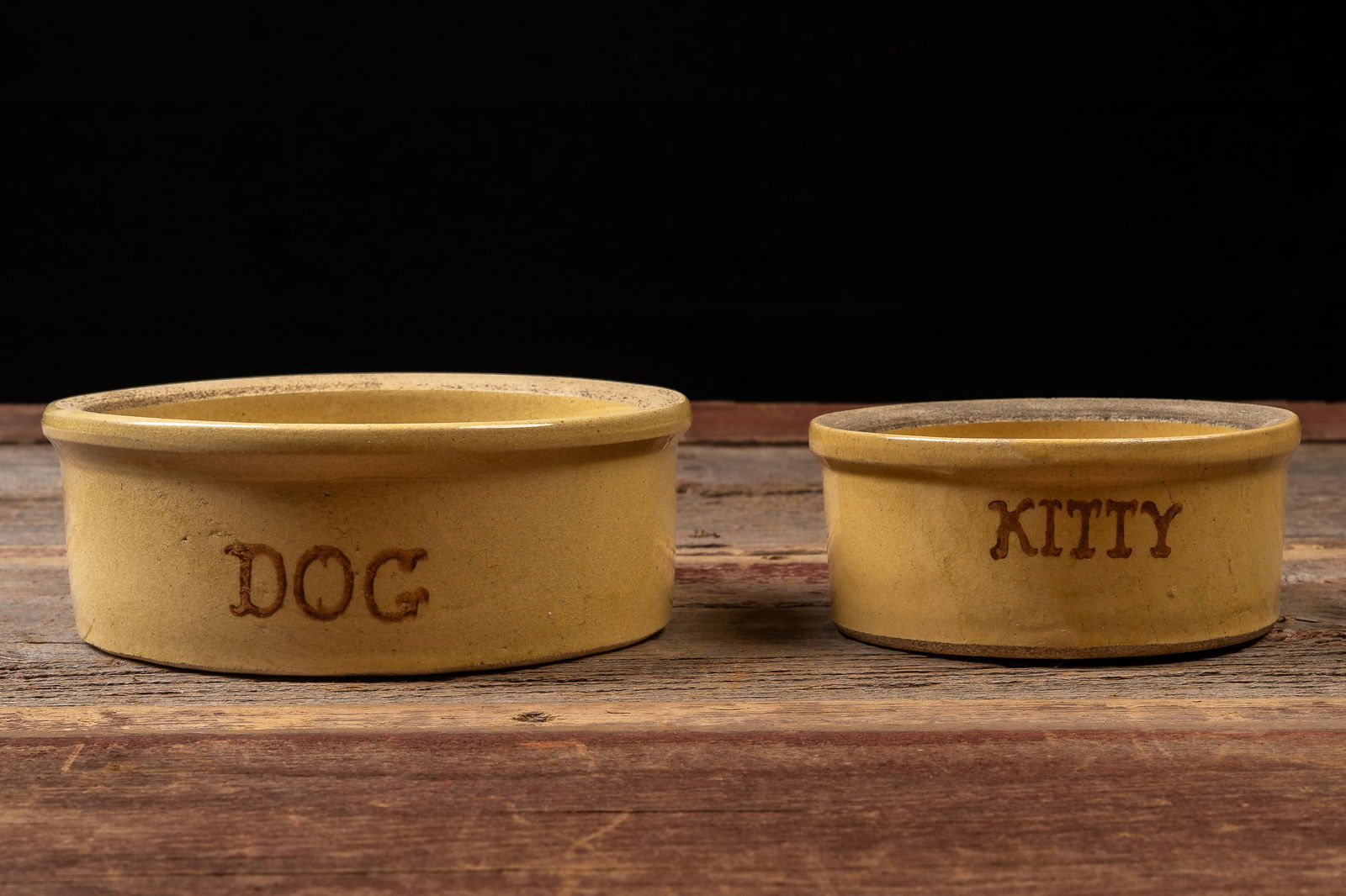 Pair of Antique Stoneware Pet Food Bowls: **NOTE: Any shipping quotes provided on this screen are provided by Live Auctioneers. For an in-house shipping quote on this lot, please reach out to us at rockauctiongallery@gmail.com.** C-19556