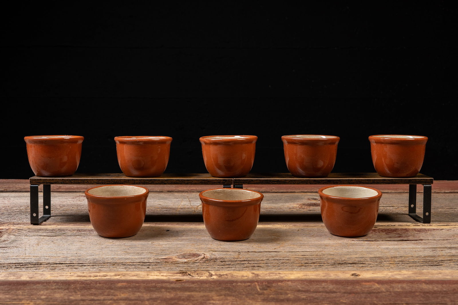 Set of 8 Vintage Weller Pottery Custard Cups: **NOTE: Any shipping quotes provided on this screen are provided by Live Auctioneers. For an in-house shipping quote on this lot, please reach out to us at rockauctiongallery@gmail.com.** C-19557