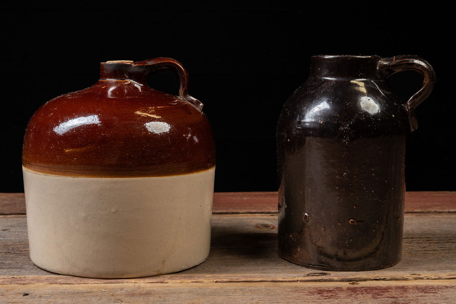 Pair of Vintage Stoneware Jug-Form Crocks: **NOTE: Any shipping quotes provided on this screen are provided by Live Auctioneers. For an in-house shipping quote on this lot, please reach out to us at rockauctiongallery@gmail.com.** C-19562