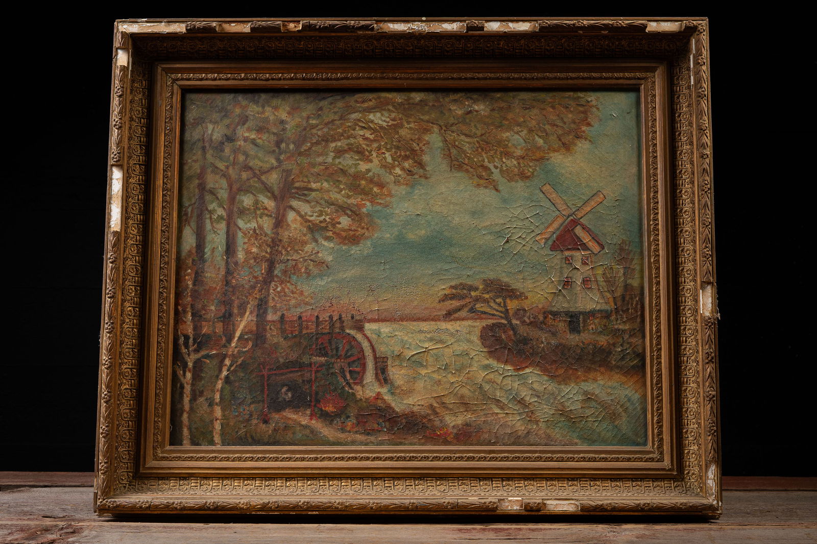 Antique Windmill Landscape Oil Painting: **NOTE: Any shipping quotes provided on this screen are provided by Live Auctioneers. For an in-house shipping quote on this lot, please reach out to us at rockauctiongallery@gmail.com.** C-19574