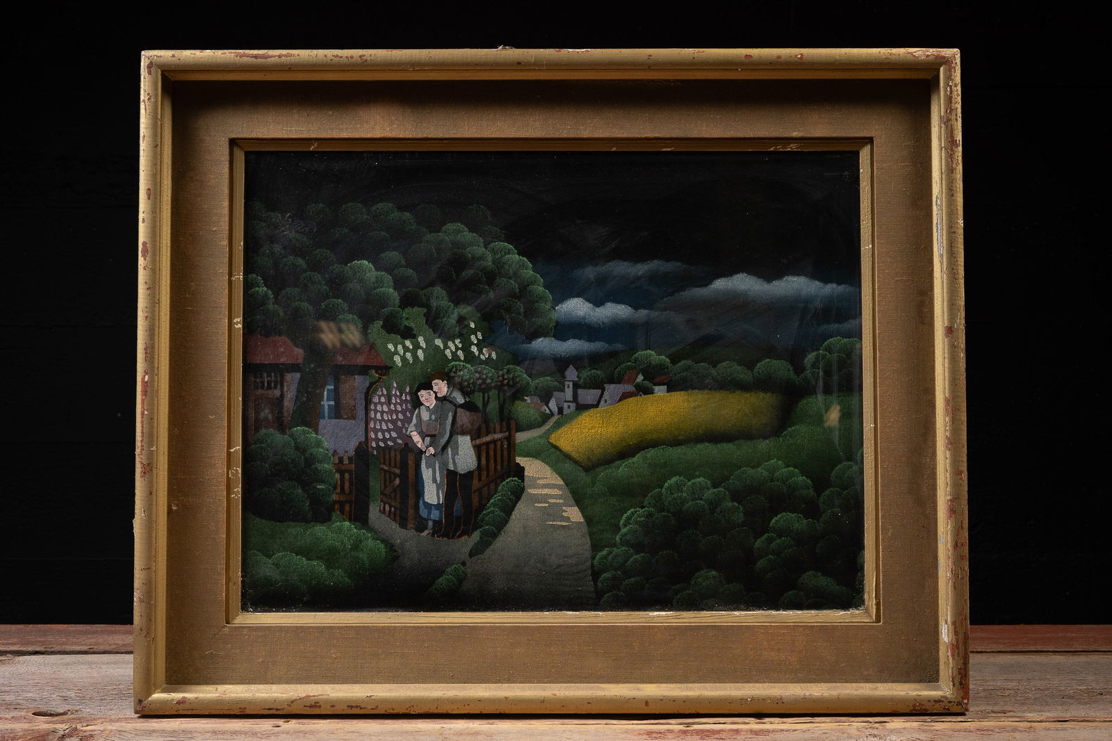 Na??ve Folk Art Style Village Landscape Painting: **NOTE: Any shipping quotes provided on this screen are provided by Live Auctioneers. For an in-house shipping quote on this lot, please reach out to us at rockauctiongallery@gmail.com.** 