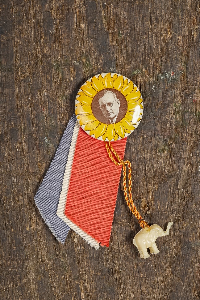 Alf Landon Campaign Ribbon Badge w Elephant Charm: **NOTE: Any shipping quotes provided on this screen are provided by Live Auctioneers. For an in-house shipping quote on this lot, please reach out to us at rockauctiongallery@gmail.com.** 