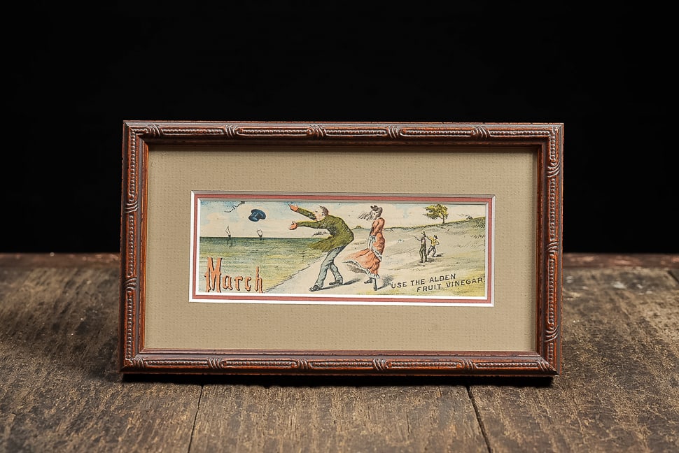 Framed Alden Fruit Vinegar Advertising Card: **NOTE: Any shipping quotes provided on this screen are provided by Live Auctioneers. For an in-house shipping quote on this lot, please reach out to us at rockauctiongallery@gmail.com.** C-14563 This