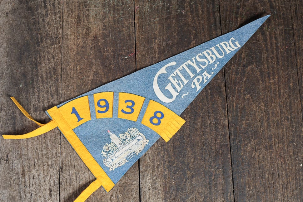 1938 Gettysburg, PA Souvenir Felt Pennant: **NOTE: Any shipping quotes provided on this screen are provided by Live Auctioneers. For an in-house shipping quote on this lot, please reach out to us at rockauctiongallery@gmail.com.** C-15511 This