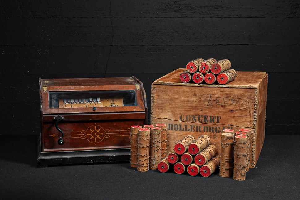 Early Concert Roller Organ w Music Cobs and Crate: **NOTE: Any shipping quotes provided on this screen are provided by Live Auctioneers. For an in-house shipping quote on this lot, please reach out to us at rockauctiongallery@gmail.com.** C-17465 c. 1