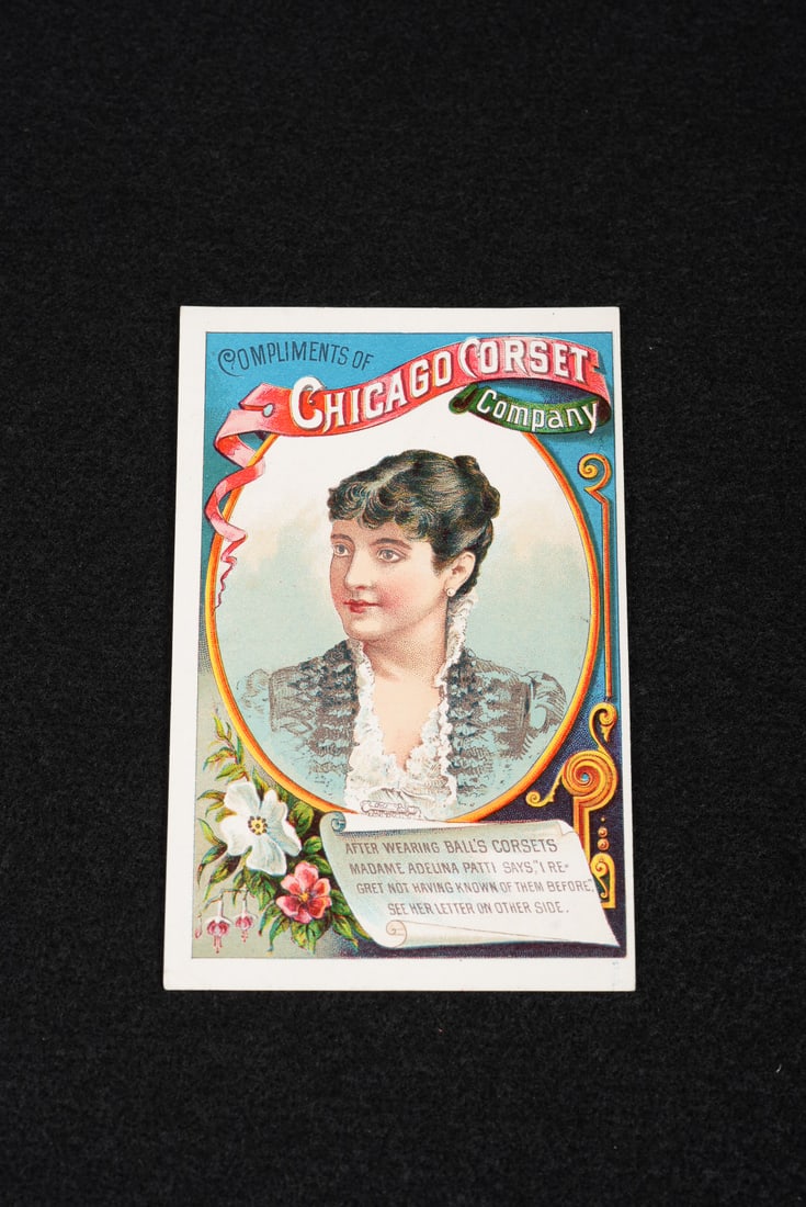Chicago Corset Company Advertising Trade Card: **NOTE: Any shipping quotes provided on this screen are provided by Live Auctioneers. For an in-house shipping quote on this lot, please reach out to us at rockauctiongallery@gmail.com.** C-17723 c. 1