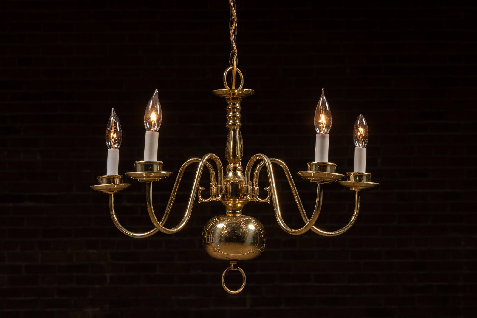 Vintage Polished Brass Five-Light Chandelier: **NOTE: Any shipping quotes provided on this screen are provided by Live Auctioneers. For an in-house shipping quote on this lot, please reach out to us at rockauctiongallery@gmail.com.** C-20075 Five
