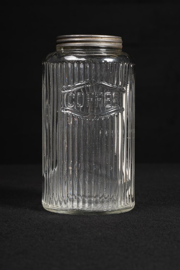 Vintage Ribbed Glass Coffee Jar with Lid: **NOTE: Any shipping quotes provided on this screen are provided by Live Auctioneers. For an in-house shipping quote on this lot, please reach out to us at rockauctiongallery@gmail.com.** C-17799 Clea