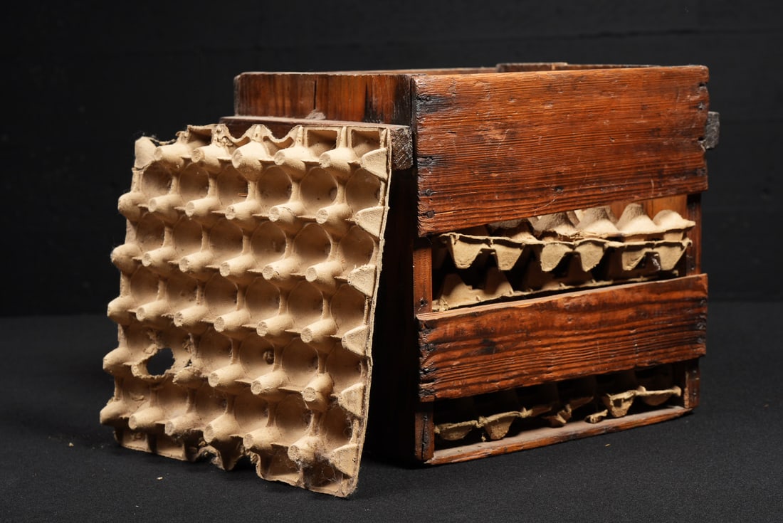 Early Wooden Egg Crate with Cardboard Inserts: **NOTE: Any shipping quotes provided on this screen are provided by Live Auctioneers. For an in-house shipping quote on this lot, please reach out to us at rockauctiongallery@gmail.com.** C-17623
