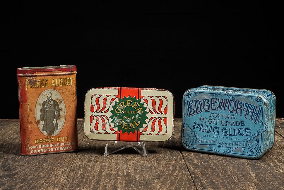 3 Vintage Tobacco Tins: **NOTE: Any shipping quotes provided on this screen are provided by Live Auctioneers. For an in-house shipping quote on this lot, please reach out to us at rockauctiongallery@gmail.com.** C-14510 Lot 