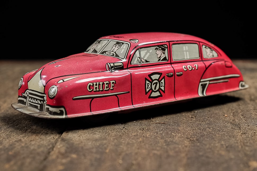 Vintage Tin Litho Fire Chief Car Body by Lupor: **NOTE: Any shipping quotes provided on this screen are provided by Live Auctioneers. For an in-house shipping quote on this lot, please reach out to us at rockauctiongallery@gmail.com.** C-14179 A br