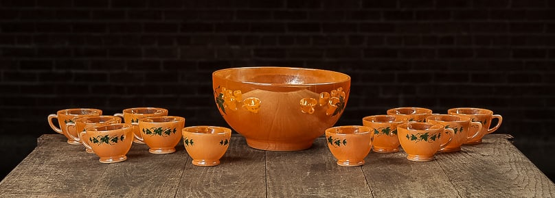 Fire King Peach Lustre Punch Bowl with 12 cups (1 of 9)