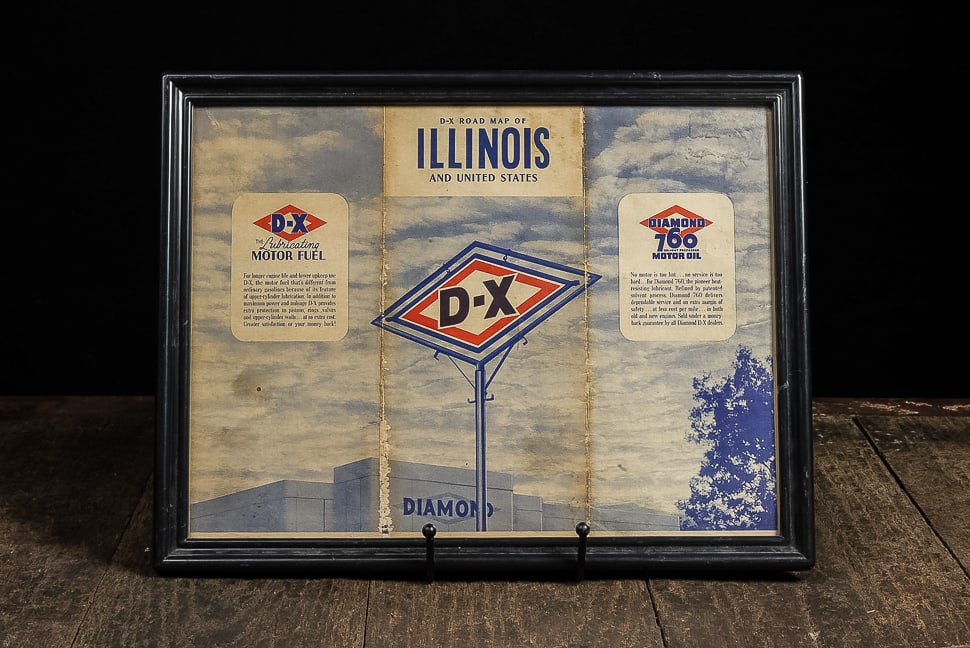 Framed D-X Road Map of Illinois and United States: **NOTE: Any shipping quotes provided on this screen are provided by Live Auctioneers. For an in-house shipping quote on this lot, please reach out to us at rockauctiongallery@gmail.com.** C-14400