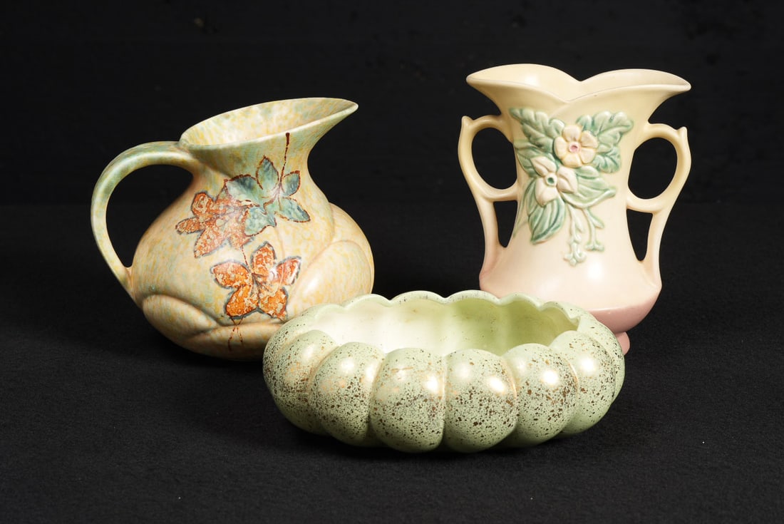 1940-50s Art Pottery Trio: Hull, Devon, Roseville (1 of 13)