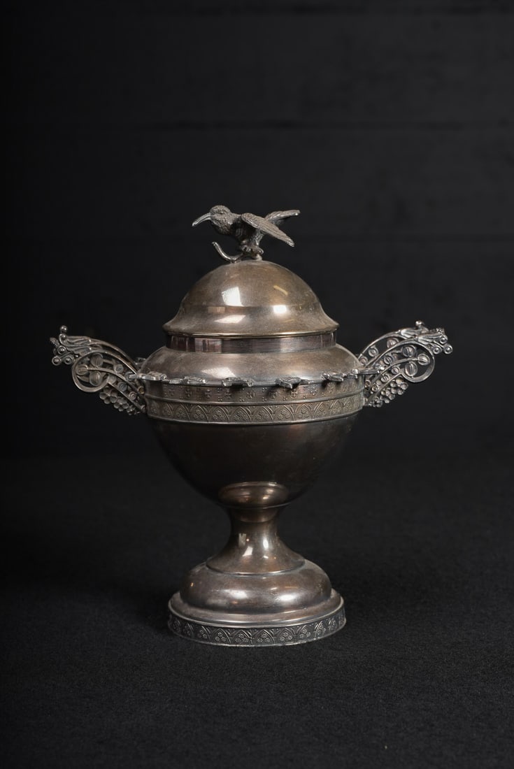 Victorian Plate Sugar Caster w Hummingbird Finial: **NOTE: Any shipping quotes provided on this screen are provided by Live Auctioneers. For an in-house shipping quote on this lot, please reach out to us at rockauctiongallery@gmail.com.** C-18266 Eleg