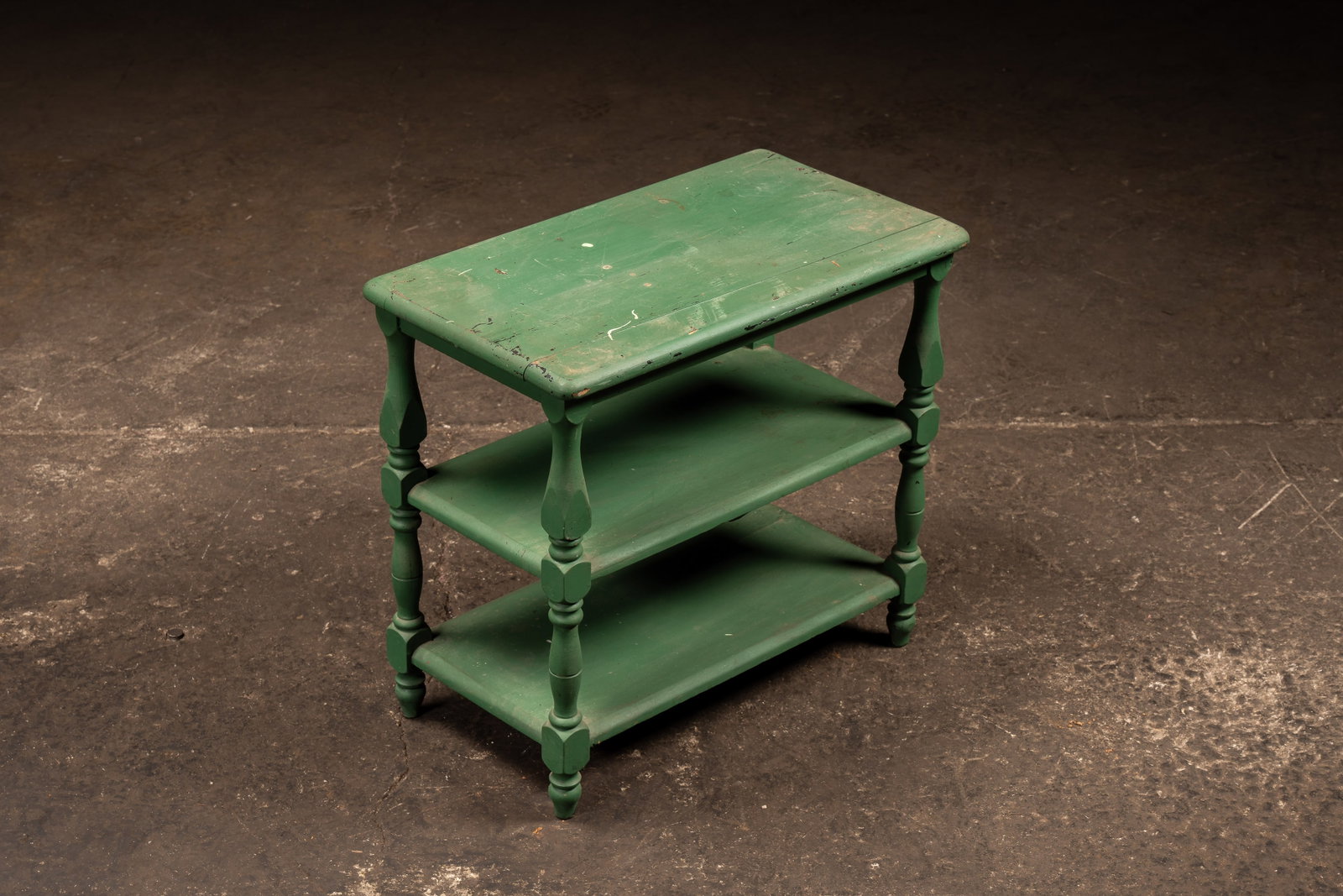 Painted Green 3-Tier Wooden Side Table, c. 1920s: **NOTE: Any shipping quotes provided on this screen or on your Live Auctioneers invoice are provided by Live Auctioneers. In-house shipping is available on all lots. For in-house shipping quotes, plea