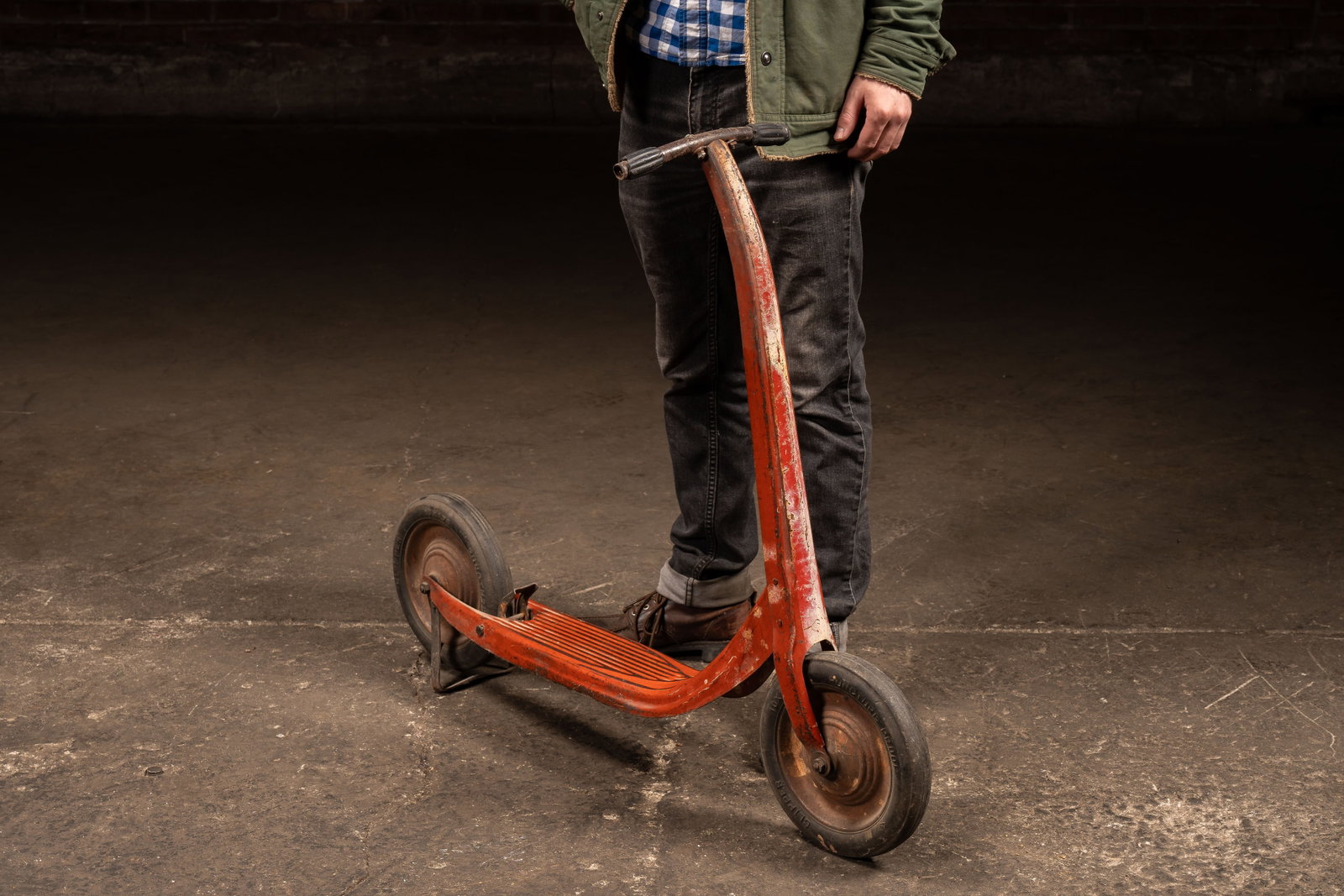 Vintage Steel Sidewalk Scooter, c. 1940s: **NOTE: Any shipping quotes provided on this screen or on your Live Auctioneers invoice are provided by Live Auctioneers. In-house shipping is available on all lots. For in-house shipping quotes,