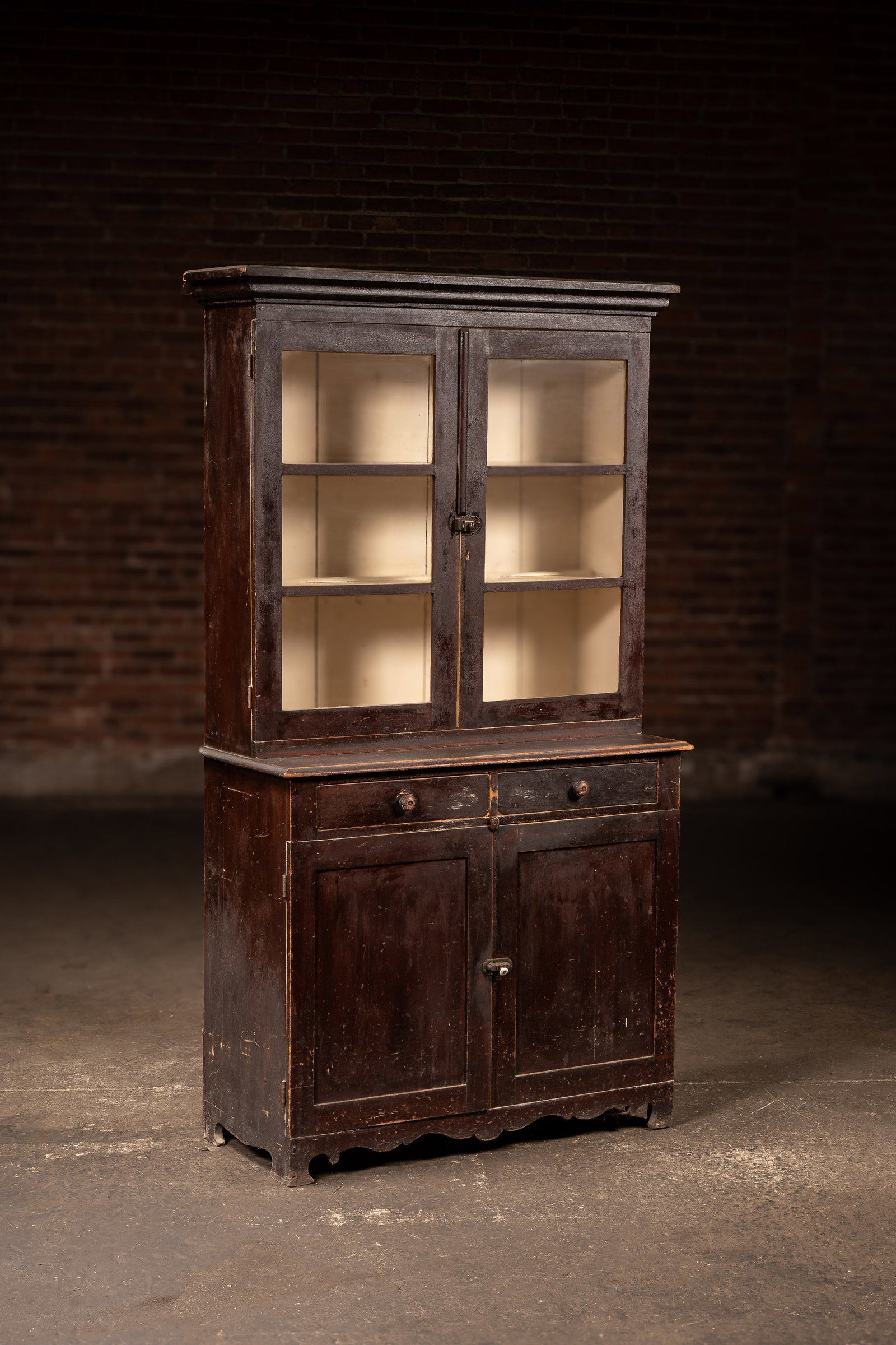 Primitive 2-Piece Hutch with Original Glass: **NOTE: Any shipping quotes provided on this screen or on your Live Auctioneers invoice are provided by Live Auctioneers. In-house shipping is available on all lots. For in-house shipping quotes, plea