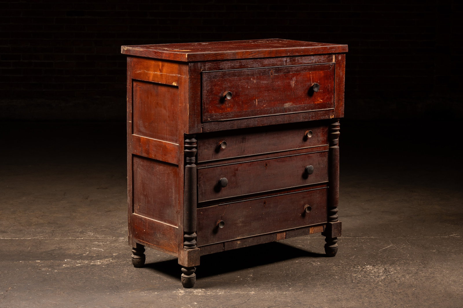 Primitive Dark Wooden Dresser With Four Drawers: **NOTE: Any shipping quotes provided on this screen or on your Live Auctioneers invoice are provided by Live Auctioneers. In-house shipping is available on all lots. For in-house shipping quotes, plea