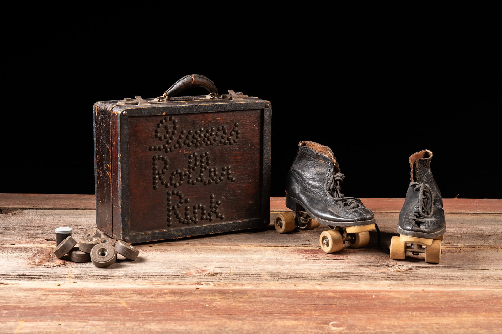 Inscribed -Queens Roller Rink- Case w Quad Skates: **NOTE: Any shipping quotes provided on this screen or on your Live Auctioneers invoice are provided by Live Auctioneers. In-house shipping is available on all lots. For in-house shipping quotes,
