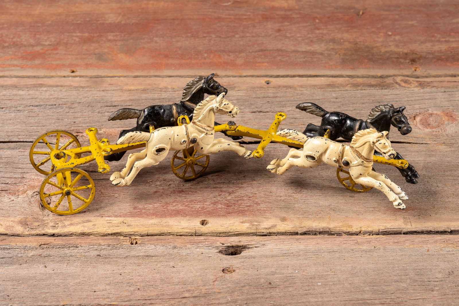 Cast Iron Four-Horse Team w Yellow Sulky, c. 1930s: **NOTE: Any shipping quotes provided on this screen or on your Live Auctioneers invoice are provided by Live Auctioneers. In-house shipping is available on all lots. For in-house shipping quotes, plea