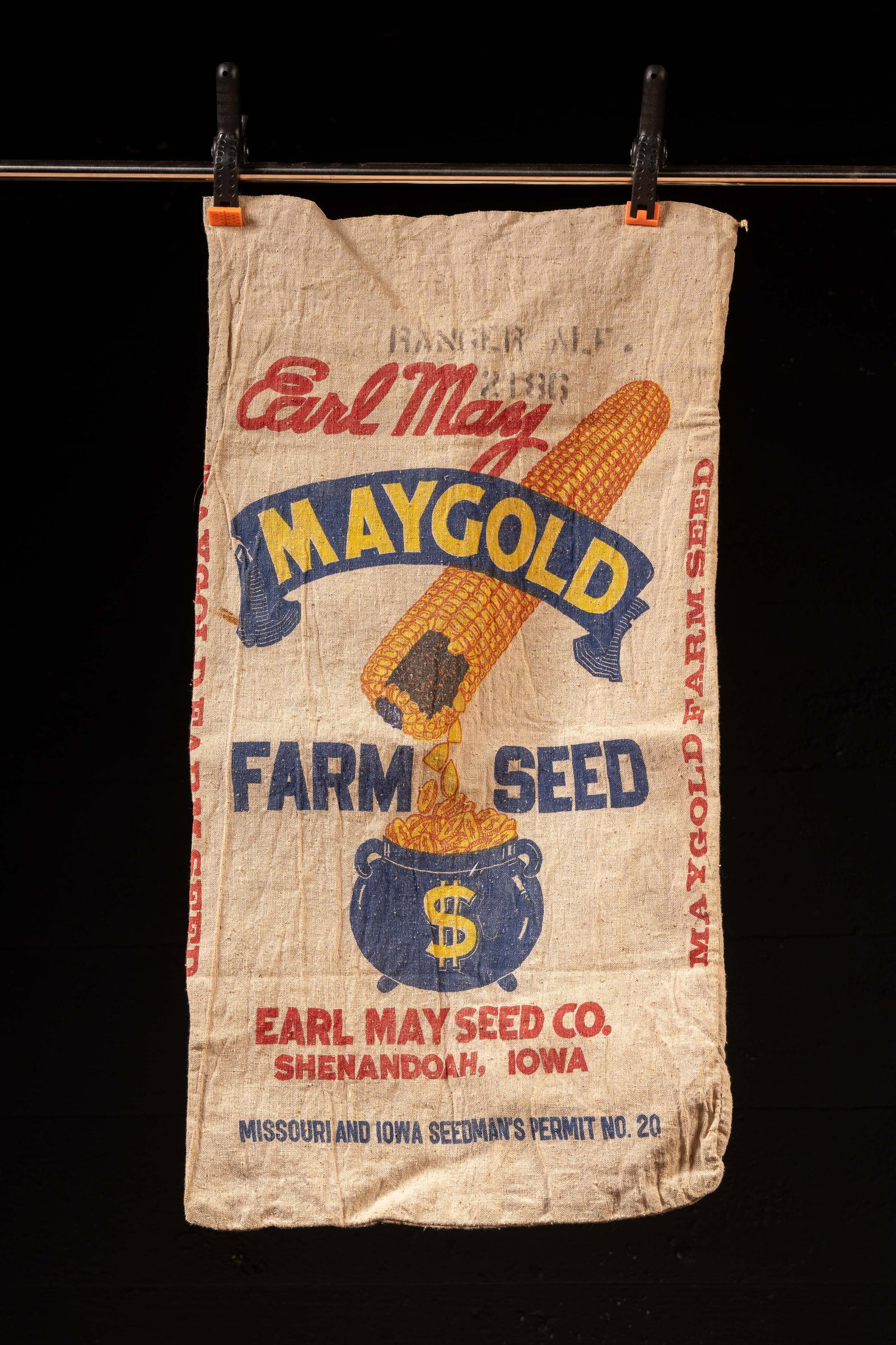 Early 20th C. -Maygold- Burlap Corn Farm Seed Bag: **NOTE: Any shipping quotes provided on this screen or on your Live Auctioneers invoice are provided by Live Auctioneers. In-house shipping is available on all lots. For in-house shipping quotes, plea