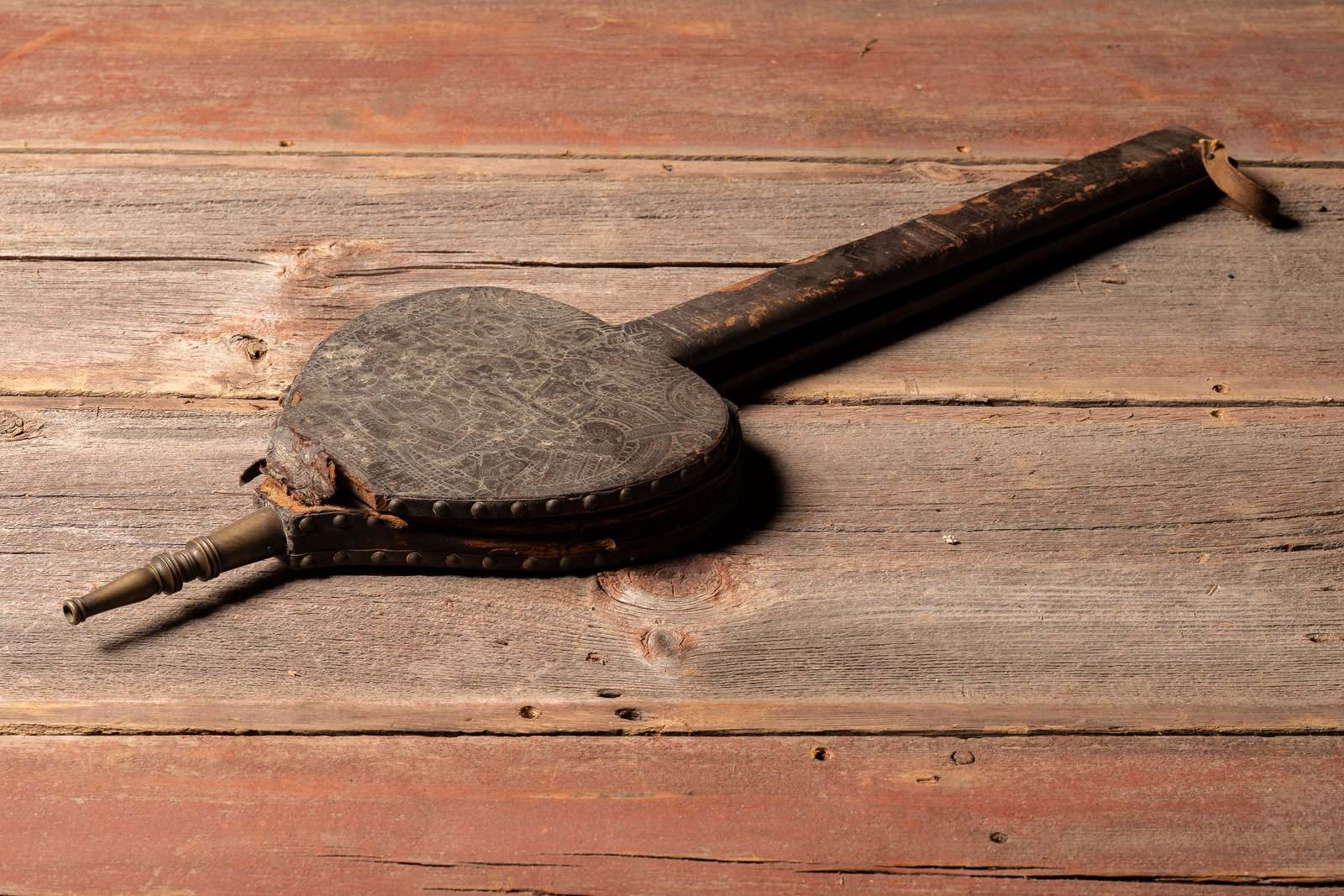 Antique Tooled Leather and Brass Fireplace Bellows (1 of 5)