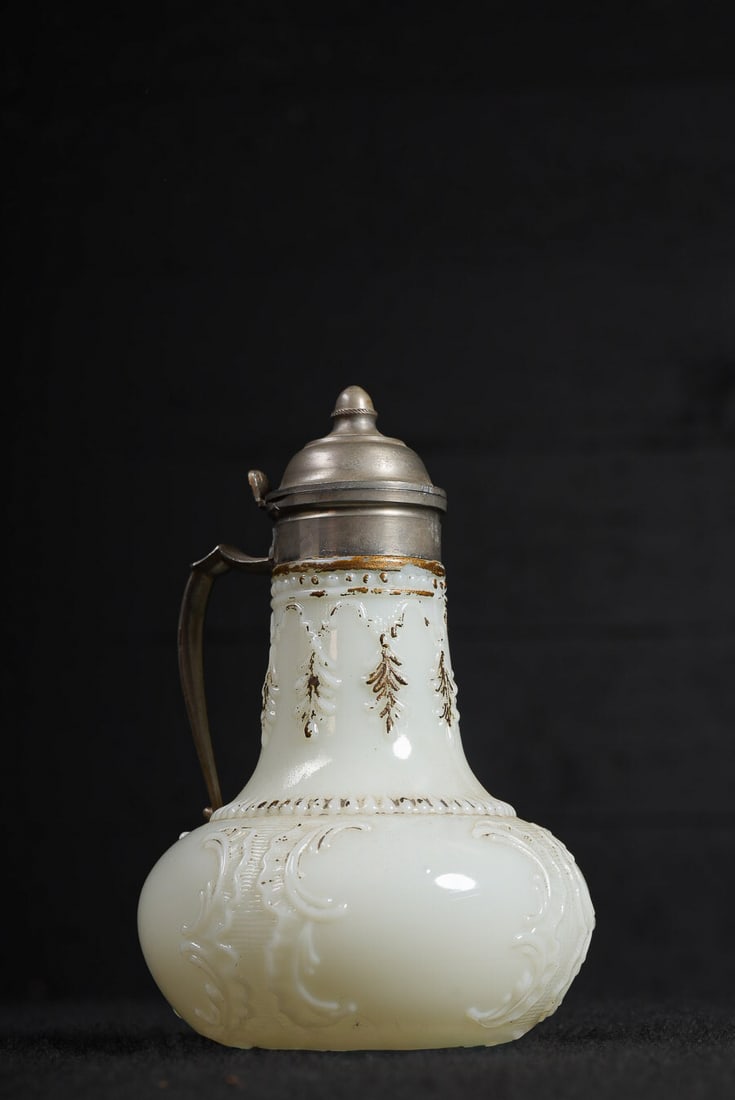 Victorian Milk Glass Syrup Pitcher with Pewter Lid: **NOTE: Any shipping quotes provided on this screen or on your Live Auctioneers invoice are provided by Live Auctioneers. In-house shipping is available on all lots. For in-house shipping quotes, plea