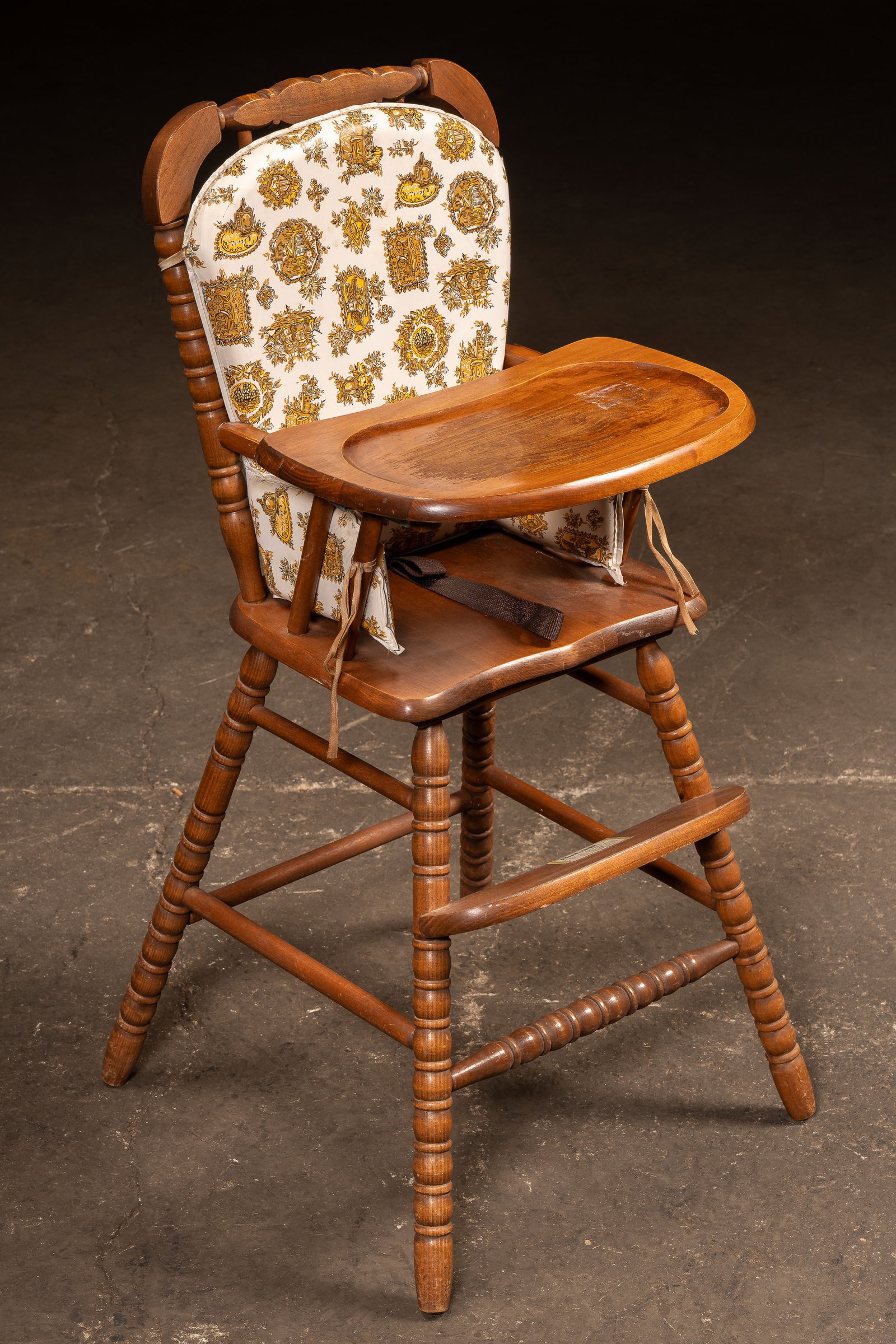Wooden Childs High Chair with Cushion and Tray: **NOTE: Any shipping quotes provided on this screen or on your Live Auctioneers invoice are provided by Live Auctioneers. In-house shipping is available on all lots. For in-house shipping quotes,