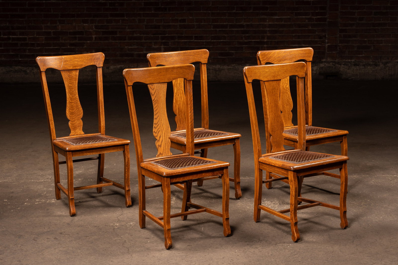 Set Of Five Oak Dining Chairs with Fabric Seats: **NOTE: Any shipping quotes provided on this screen or on your Live Auctioneers invoice are provided by Live Auctioneers. In-house shipping is available on all lots. For in-house shipping quotes,