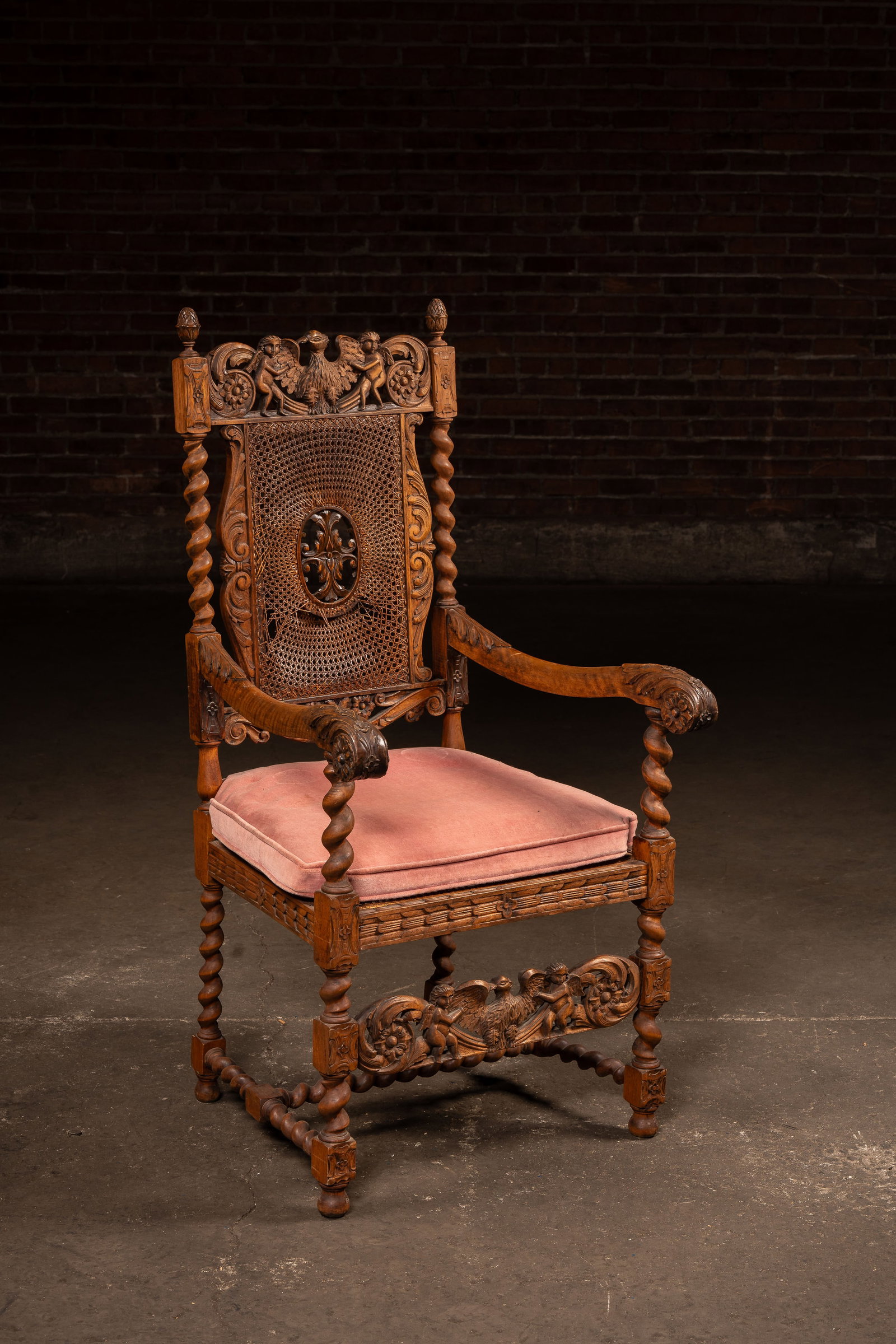 Ornate Carved Throne with Intricate Cane Backrest: **NOTE: Any shipping quotes provided on this screen or on your Live Auctioneers invoice are provided by Live Auctioneers. In-house shipping is available on all lots. For in-house shipping quotes,