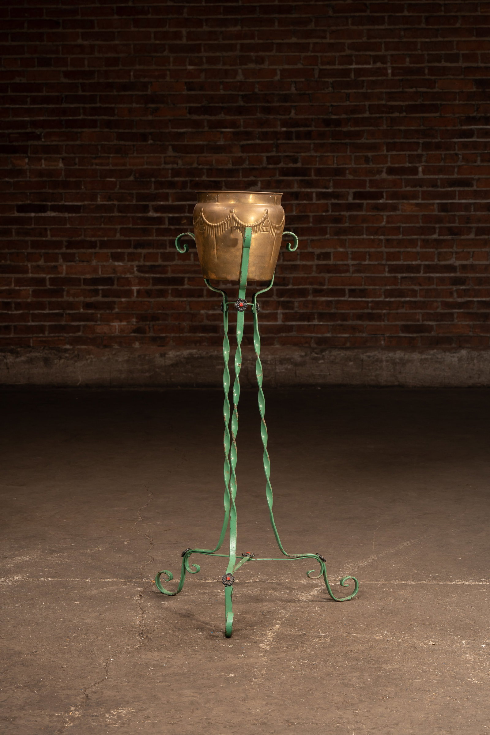 Painted Green Wrought Iron Plant Stand: **NOTE: Any shipping quotes provided on this screen or on your Live Auctioneers invoice are provided by Live Auctioneers. In-house shipping is available on all lots. For in-house shipping quotes,