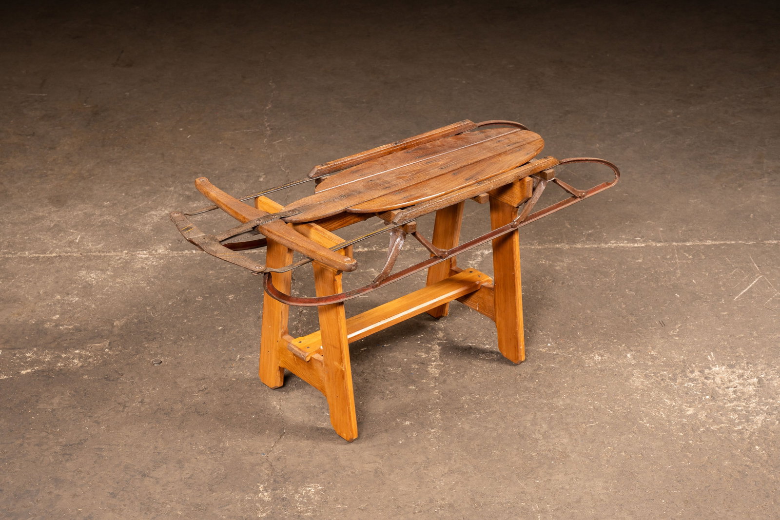 Vintage Steel Frame Sled On Stand: **NOTE: Any shipping quotes provided on this screen or on your Live Auctioneers invoice are provided by Live Auctioneers. In-house shipping is available on all lots. For in-house shipping quotes, plea