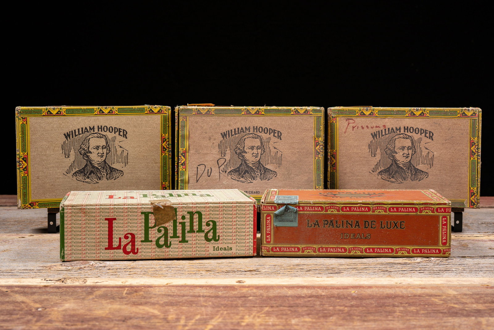 Lot of 5 Early-Mid 20th Century Cigar Boxes: **NOTE: Any shipping quotes provided on this screen or on your Live Auctioneers invoice are provided by Live Auctioneers. In-house shipping is available on all lots. For in-house shipping quotes,