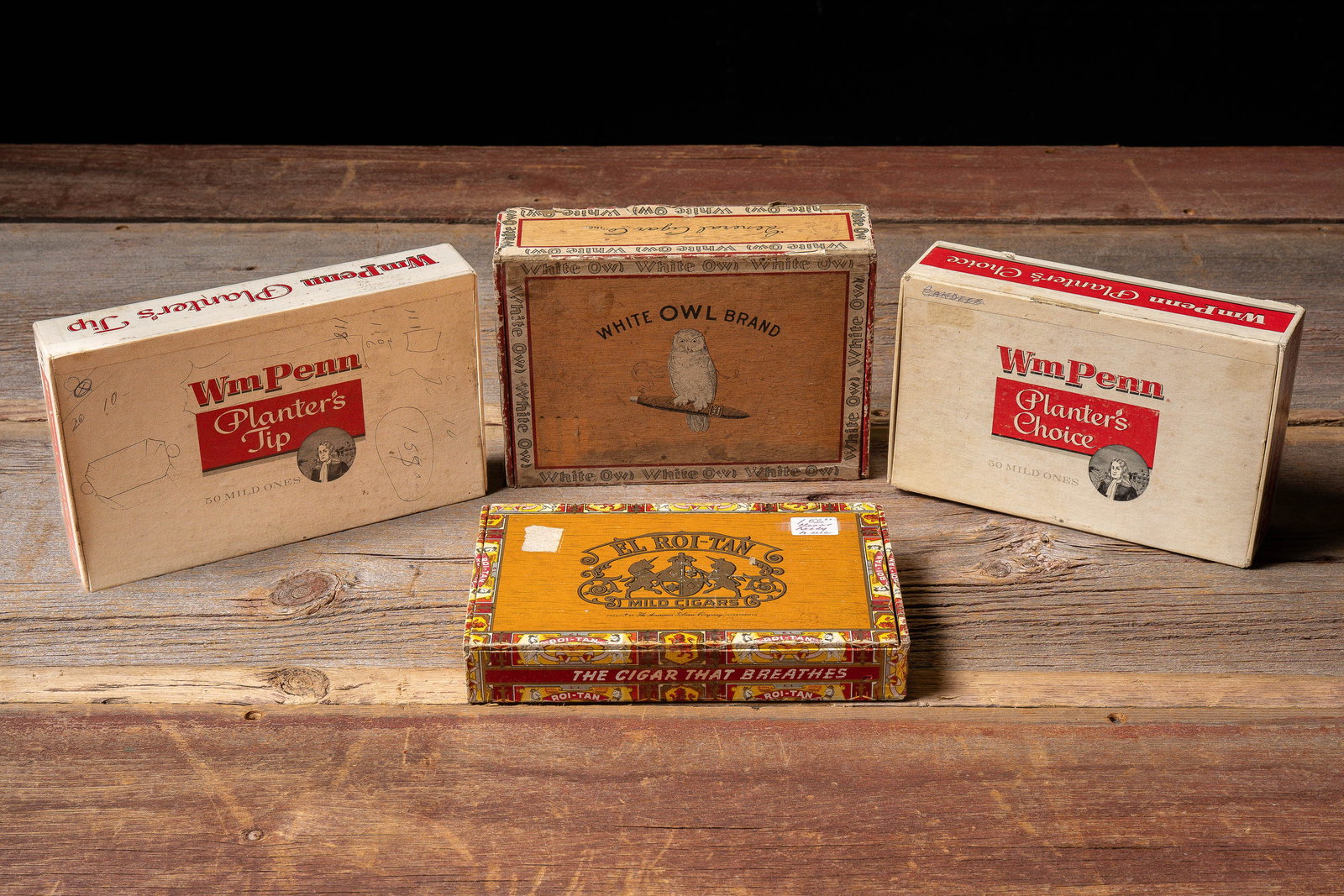 Lot of 4 Early-Mid 20th Century Cigar Boxes: **NOTE: Any shipping quotes provided on this screen or on your Live Auctioneers invoice are provided by Live Auctioneers. In-house shipping is available on all lots. For in-house shipping quotes, plea