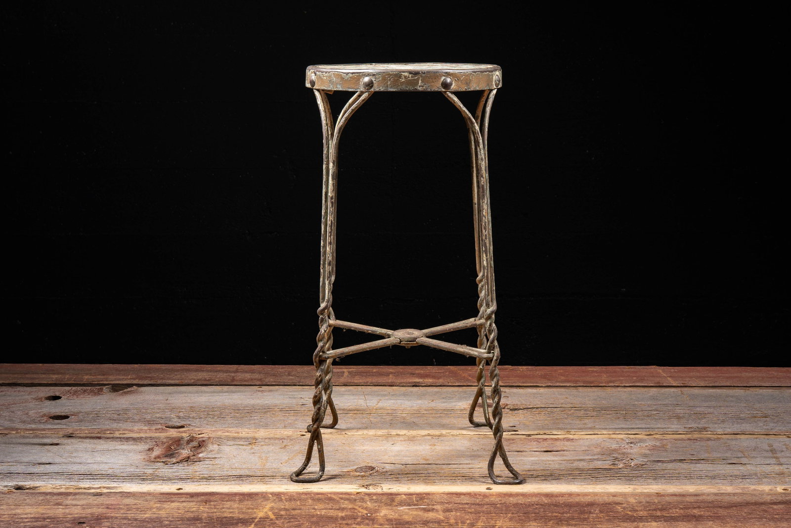 Primitive Twisted Iron and Wood Stool: **NOTE: Any shipping quotes provided on this screen or on your Live Auctioneers invoice are provided by Live Auctioneers. In-house shipping is available on all lots. For in-house shipping quotes, plea