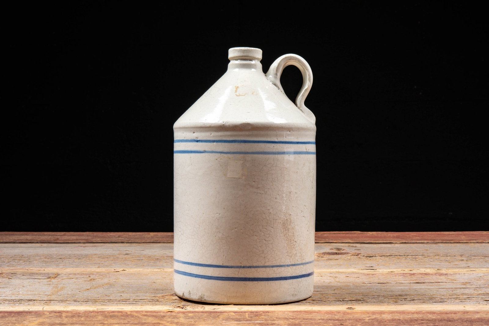 Bristol Glazed, Blue Banded Stoneware Jug w Handle: **NOTE: Any shipping quotes provided on this screen or on your Live Auctioneers invoice are provided by Live Auctioneers. In-house shipping is available on all lots. For in-house shipping quotes, plea