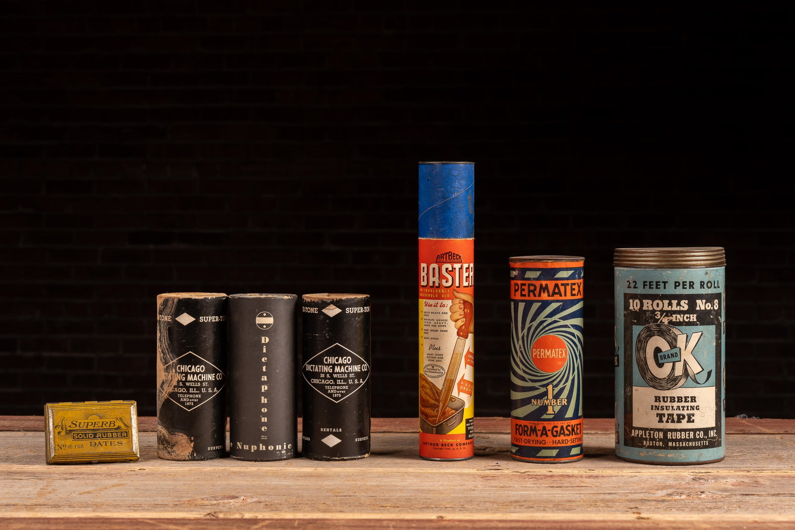 Lot of 7 Vintage Industrial Supply Tins: **NOTE: Any shipping quotes provided on this screen or on your Live Auctioneers invoice are provided by Live Auctioneers. In-house shipping is available on all lots. For in-house shipping quotes, plea