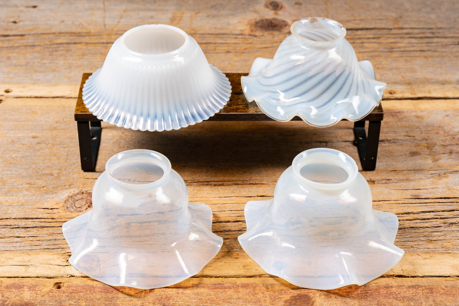 Variety Lot of 4 Opalescent Glass Lamp Shades: **NOTE: Any shipping quotes provided on this screen or on your Live Auctioneers invoice are provided by Live Auctioneers. In-house shipping is available on all lots. For in-house shipping quotes,