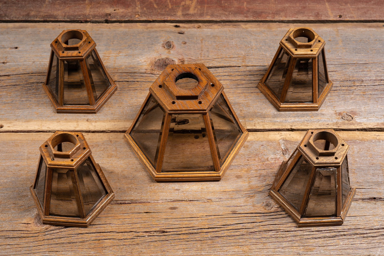 Lot of 5 Hexagonal Wood Lamp Shades w Smoked Glass: **NOTE: Any shipping quotes provided on this screen or on your Live Auctioneers invoice are provided by Live Auctioneers. In-house shipping is available on all lots. For in-house shipping quotes, plea