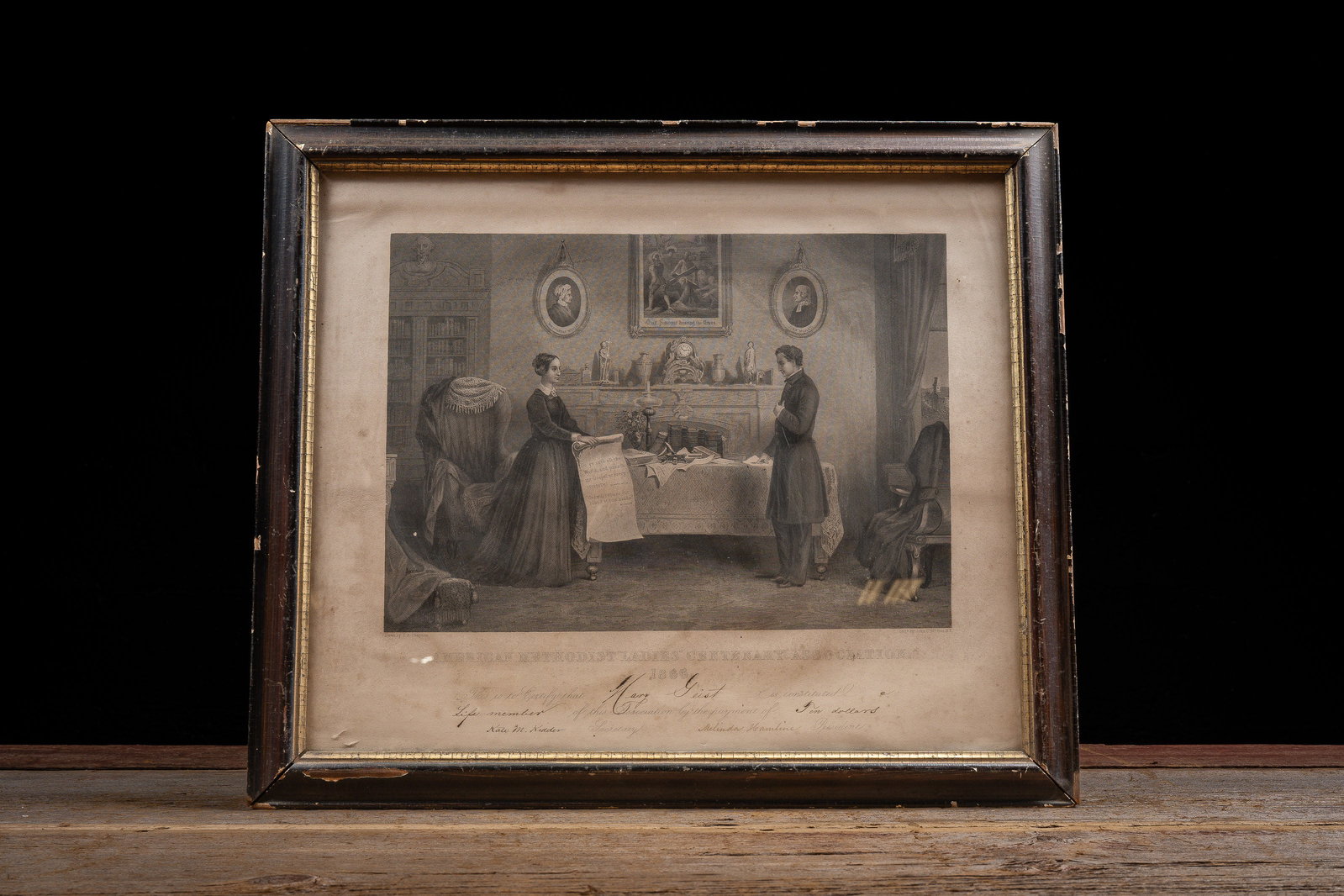 Framed 1866 Methodist Ladies Certificate: **NOTE: Any shipping quotes provided on this screen or on your Live Auctioneers invoice are provided by Live Auctioneers. In-house shipping is available on all lots. For in-house shipping quotes, plea