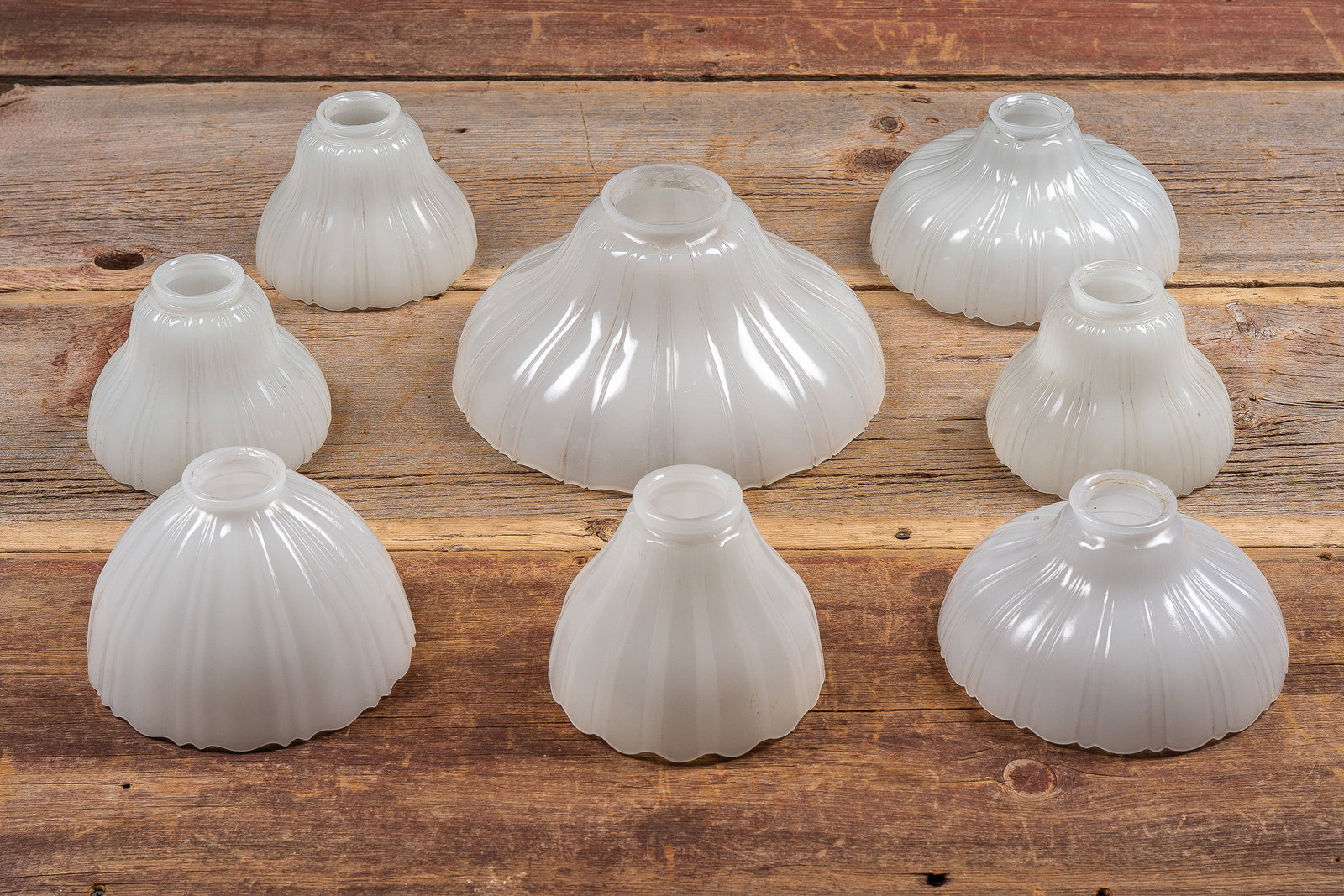 Lot of 8 White Glass Lamp Shades: **NOTE: Any shipping quotes provided on this screen or on your Live Auctioneers invoice are provided by Live Auctioneers. In-house shipping is available on all lots. For in-house shipping quotes, plea