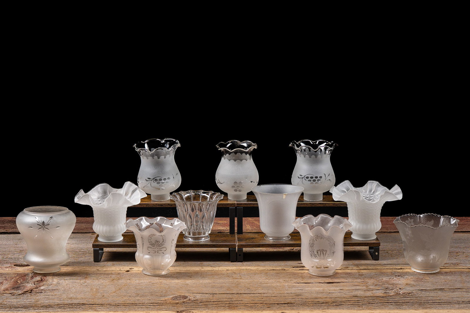 Lot of 11 Frosted and Etched Glass Lamp Shades: **NOTE: Any shipping quotes provided on this screen or on your Live Auctioneers invoice are provided by Live Auctioneers. In-house shipping is available on all lots. For in-house shipping quotes, plea