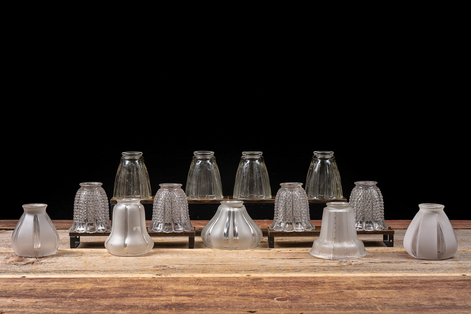 Lot of 13 Frosted and Clear Glass Lamp Shades: **NOTE: Any shipping quotes provided on this screen or on your Live Auctioneers invoice are provided by Live Auctioneers. In-house shipping is available on all lots. For in-house shipping quotes, plea