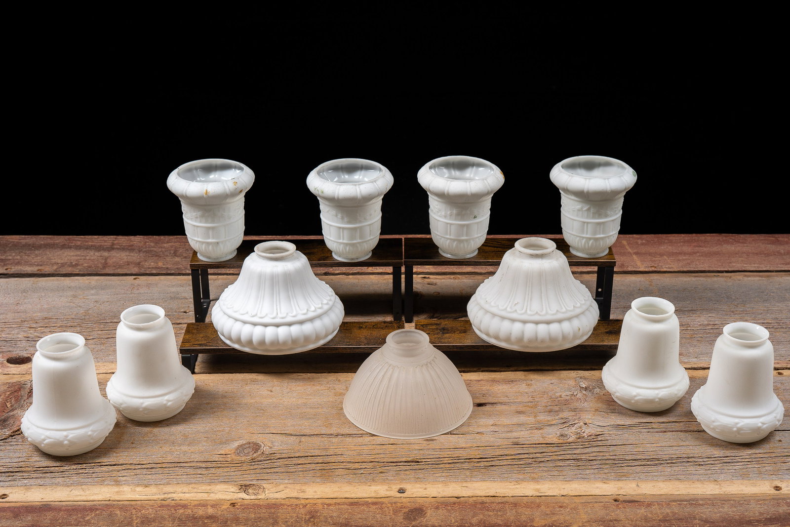 Lot of 11 White Glass Lamp Shades, 3 sets: **NOTE: Any shipping quotes provided on this screen or on your Live Auctioneers invoice are provided by Live Auctioneers. In-house shipping is available on all lots. For in-house shipping quotes, plea
