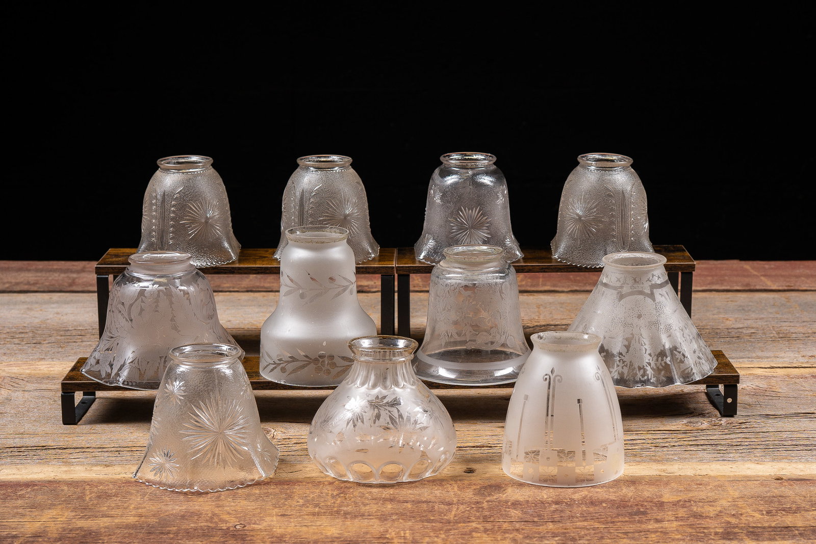 Lot of 10 Etched and Frosted Glass Lamp Shades: **NOTE: Any shipping quotes provided on this screen or on your Live Auctioneers invoice are provided by Live Auctioneers. In-house shipping is available on all lots. For in-house shipping quotes, plea