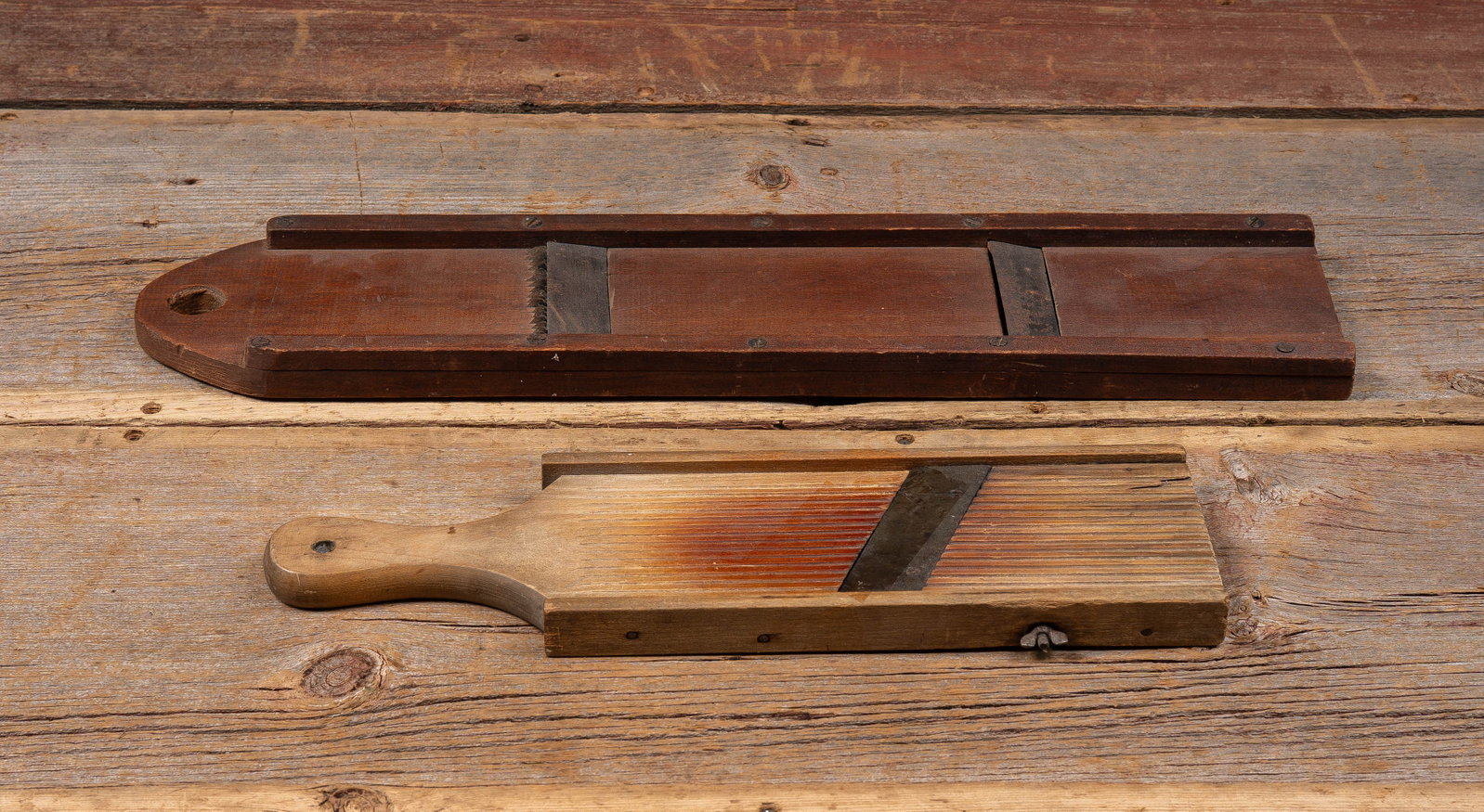 Two Antique Wooden Mandoline Slicers: **NOTE: Any shipping quotes provided on this screen or on your Live Auctioneers invoice are provided by Live Auctioneers. In-house shipping is available on all lots. For in-house shipping quotes, plea