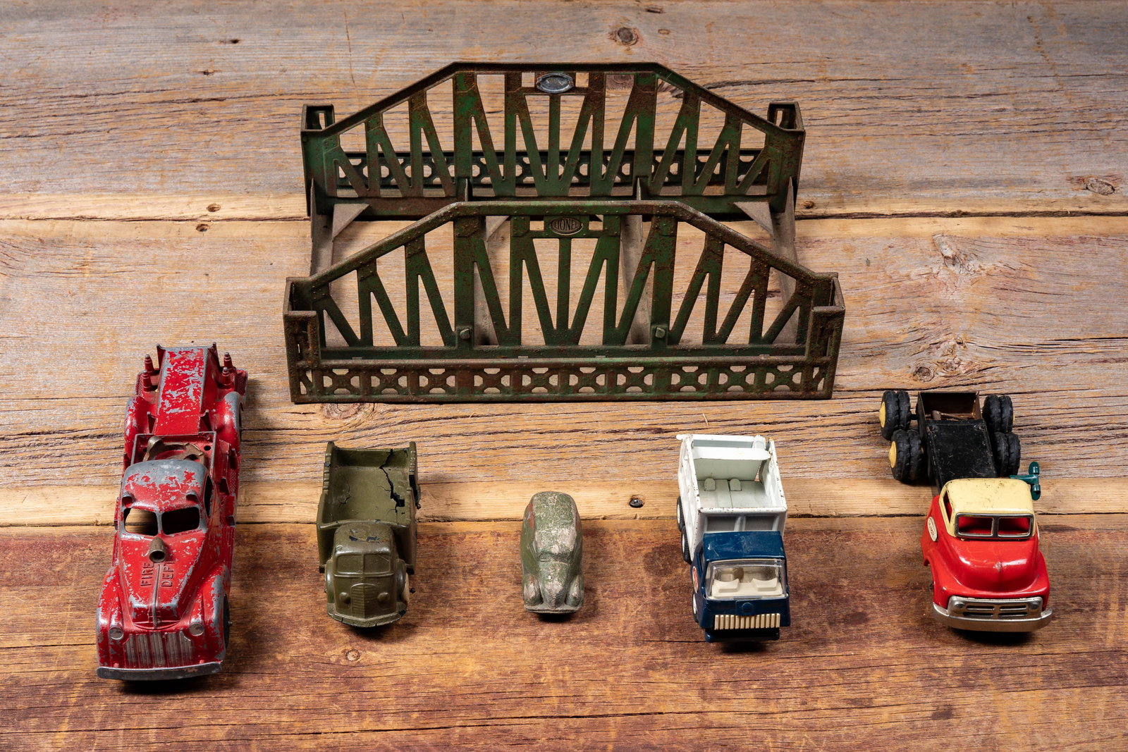 Lot of Mid-Century Toy Vehicles with R.R. Bridge (1 of 12)