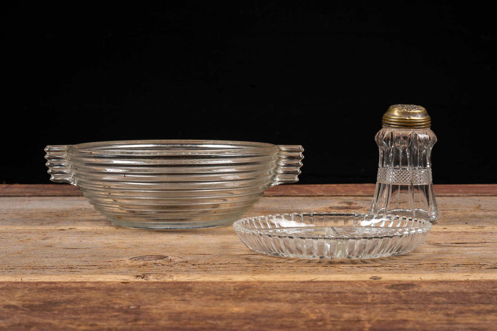 Clear Glass Bowl, Relish Tray and Shaker (1 of 6)