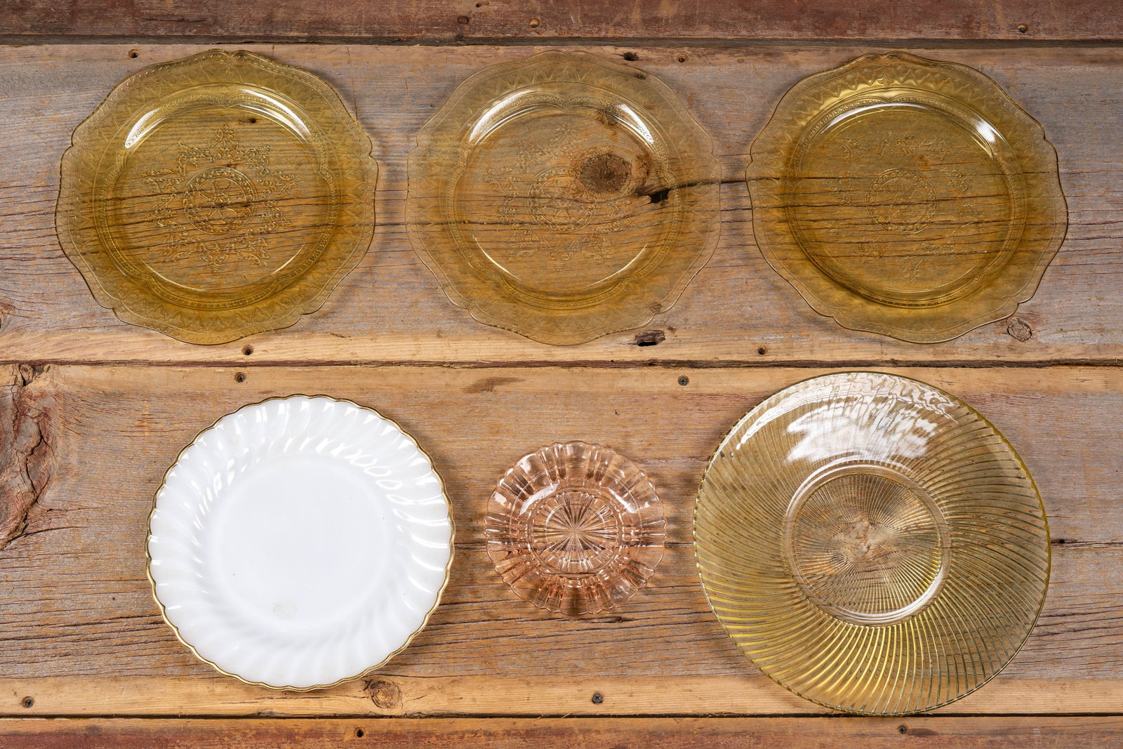 Lot of Depression-Era Glass and Milk Glass Plates: **NOTE: Any shipping quotes provided on this screen or on your Live Auctioneers invoice are provided by Live Auctioneers. In-house shipping is available on all lots. For in-house shipping quotes, plea
